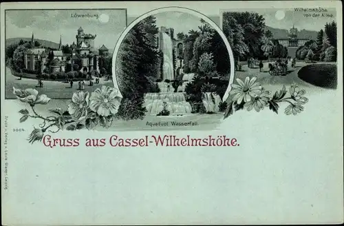 Mondschein Litho Bad Wilhelmshöhe Kassel in Hessen, von der Allee, Löwenburg, Aquaduct Wasserfall