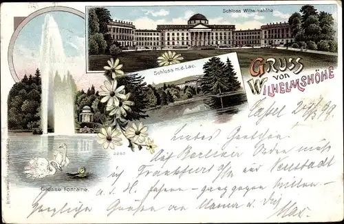 Litho Bad Wilhelmshöhe Kassel in Hessen, Schloss, Große Fontaine, Schwäne