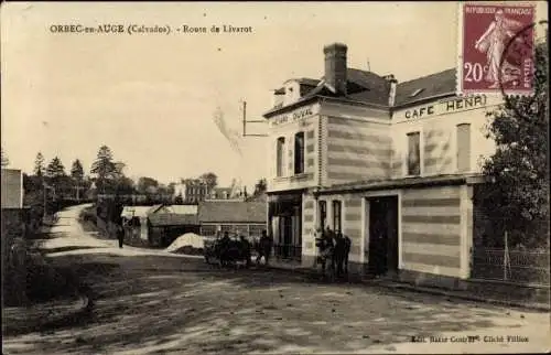 Ak Orbec en Auge Calvados, Route de Livarot, Cafe Henri Duval