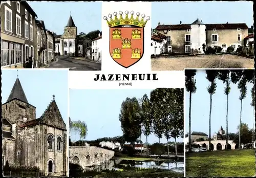 Ak Jazeneuil Vienne, Straßenpartie, Kirche, Brücke, Wappen