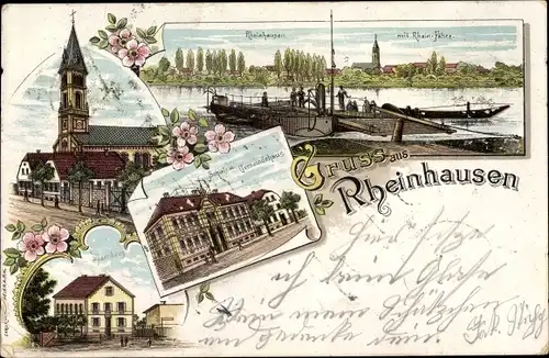 Litho Rheinhausen Oberhausen, Rheinfähre, Kirche, Schule, Gemeindehaus, Pfarrhaus
