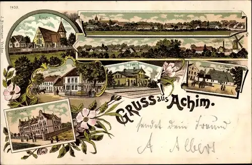 Litho Achim bei Bremen, Bahnhof, Gleisseite, Kirche, Schule, Gasthau, Totalansicht