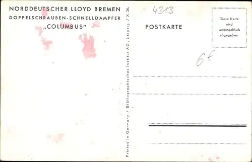 Ak Doppelschraubenschnelldampfer Columbus, Norddeutscher Lloyd Bremen