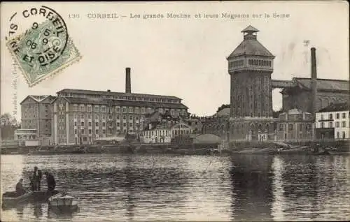 Ak Corbeil Essonne, Les grands Moulins et leurs Magasins sur la Seine