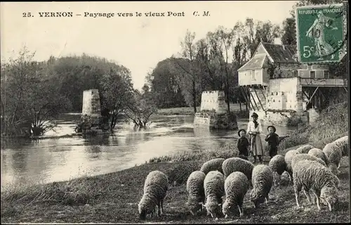 Ak Vernon Eure, Paysage vers le vieux Pont, Schafherde