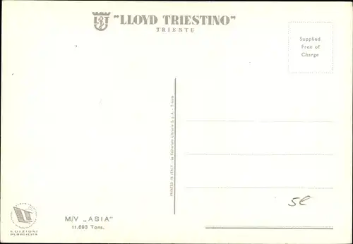 Ak Dampfschiff MV Asia, Lloyd Triestino, Italia Marittima