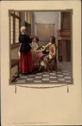 Künstler Ak De Hooch, Pieter, Frau mit zwei Männern beim Trinken