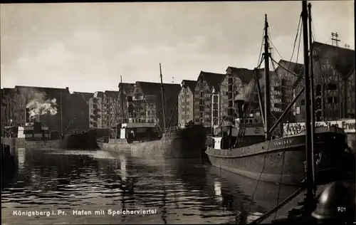 Ak Kaliningrad Königsberg Ostpreußen, Hafen mit Dampfer Samland, Speicherviertel