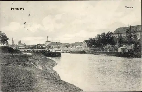 Ak Pančevo Pancsova Serbien, Temes, Fabrik und Kirche, Anlegestelle