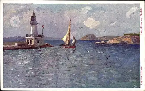 Künstler Ak v. Littrow, Leo, Split Spalato Kroatien, Flottenverein Österreich, Leuchtturm, Segelboot