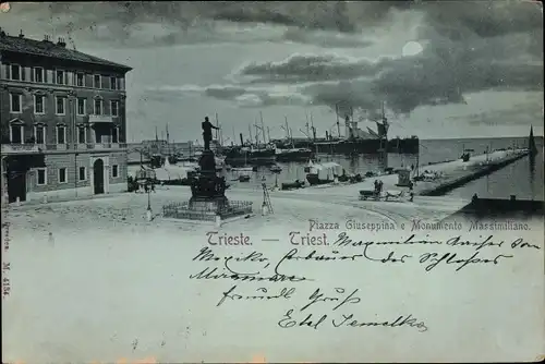 Mondschein Ak Triest Friuli Venezia Giulia, Piazza Giuseppina, Monumento Massimiliano, Hafen