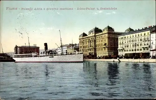 Ak Rijeka Fiume Kroatien, Palazzo Adria, Hafen, Kuk Kriegsmarine, Dampfer Gödöllö, Ungaro Croata