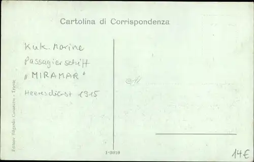 Ak Triest Trieste Friuli Venezia Giulia, Riva 3 Novembre, Passagierdampfer Miramar, Kuk Marine