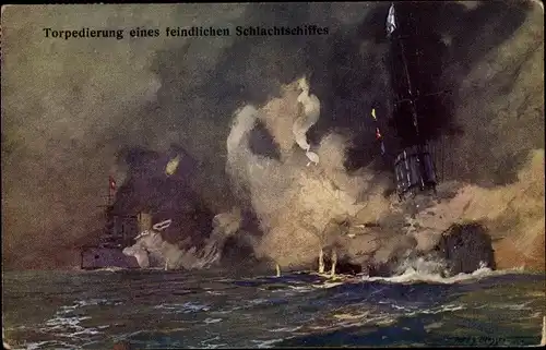 Künstler Ak Österreichisches Kriegsschiff, SMS Rapidkreuzer, Torpedierung, Kuk Kriegsmarine