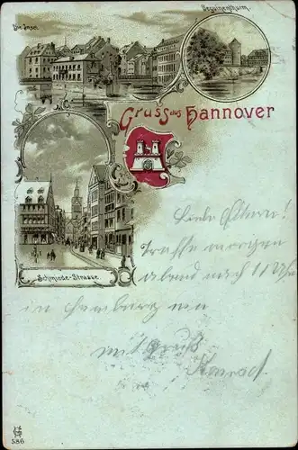Litho Hannover in Niedersachsen, Wappen, Schmiedestraße, Die Insel, Beguinenturm