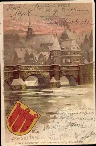 Künstler Wappen Ak Closs, C. F., Tübingen am Neckar, Brückenpartie