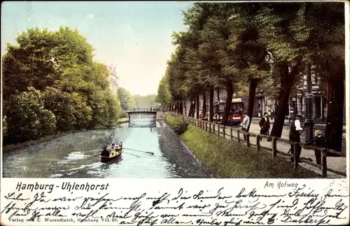 Ak Hamburg Uhlenhorst, Hofweg, Alster, Brücke, Straßenbahn, Ruderboot