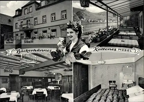 Ak Kattenes Löf an der Mosel, Bäckerhännes, Gasthof zum Bahnhof, Gasthaus Schmitt, Panorama