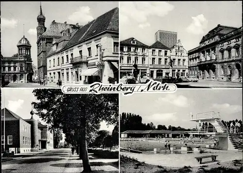 Ak Rheinberg am Niederrhein, Schwimmbad, Kirche, Marktplatz, Straße