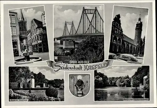 Ak Krefeld am Niederrhein, Hauptbahnhof, Rheinbrücke, St. Anton Block, Schwanenbrunnen