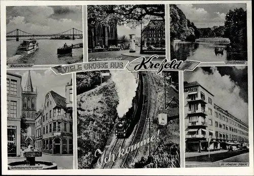 Ak Krefeld am Niederrhein, Hauptbahnhof, Rheinbrücke, St. Anton Block, Schwanenbrunnen