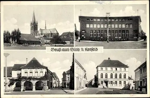 Ak Hüls Krefeld am Niederrhein, Kirche, Ort, Post, Restaurant