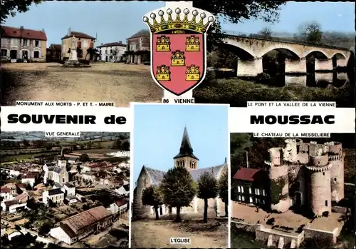 Ak Moussac Vienne, Vue Generale, L'Eglise, Le Chateau de la Masseliere, Wappen, Le Pont