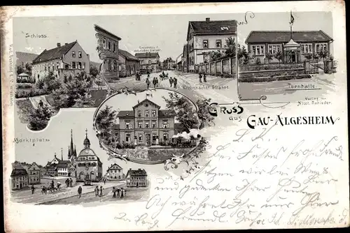 Litho Gau Algesheim am Rhein, Turnhalle, Schloss, Marktplatz, Gasthaus zum deutschen Kaiser