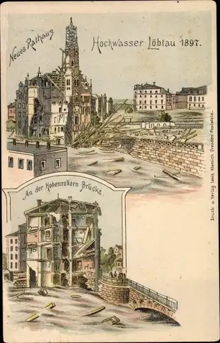 Litho Dresden Löbtau, Hochwasser 1897, Rathaus, Partie an der Hohenzollern Brücke