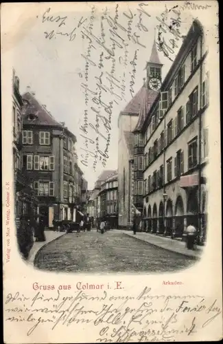 Ak Colmar Kolmar Elsass Haut Rhin, Arkaden, Straßenpartie