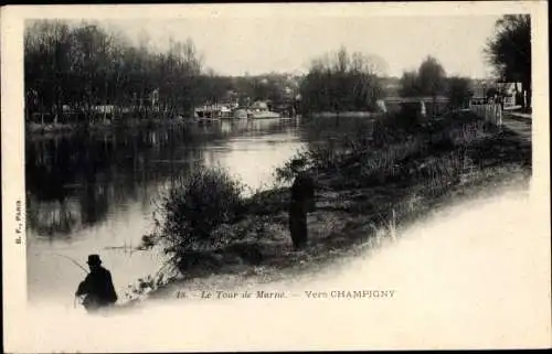 Ak Champigny Val de Marne, Le Tour de Marne, Wasserpartie, Männer beim Angeln