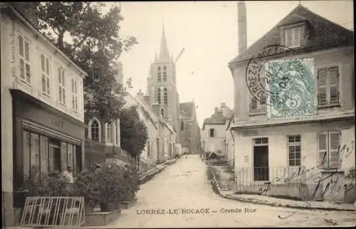 Ak Lorrez le Bocage Seine et Marne, Grande Rue, Cafe, Eglise