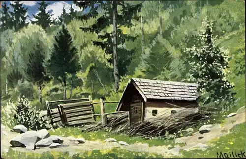 Künstler Litho Mailick, Hütte am Waldrand