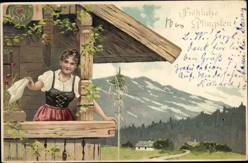 Künstler Litho Mailick, Glückwunsch Pfingsten, Frau auf einem Balkon, Gebirge