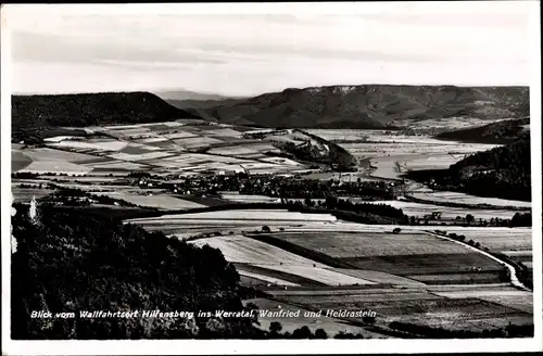 Ak Wanfried an der Werra Hessen, Blick vom Wallfahrtsort Hilfensberg ins Werratal, Heldrastein