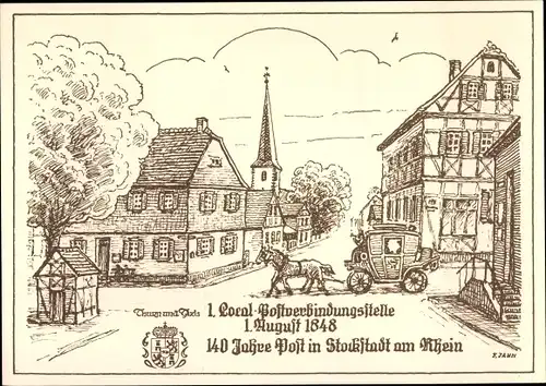 Künstler Ak Jahn, F., Stockstadt am Rhein Hessen, 1. Lokal Postverbindungsstelle, 140 Jahre Post