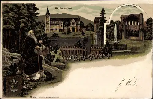 Litho Königswinter im Rhein Sieg Kreis, Mönch, Kloster Heisterbach