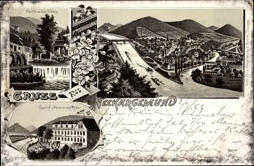 Litho Neckargemünd am Neckar, Blick auf den Ort, Elsenz, Gasthof zur Pfalz