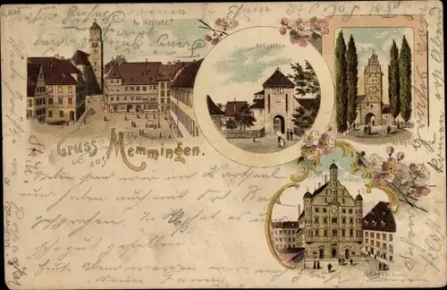 Litho Memmingen in Schwaben, Rathaus, Kempter Tor, Krugstor, Marktplatz