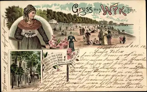 Litho Wyk auf Föhr Nordfriesland, Strandpartie, Frau in Tracht