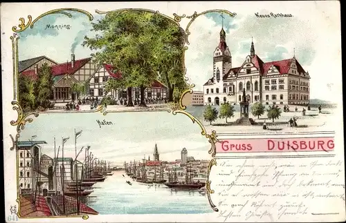 Litho Duisburg im Ruhrgebiet, Monning, Neues Rathaus, Hafen