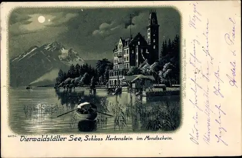 Mondschein Litho Hertenstein Weggis Kanton Luzern, Schloss Hertenstein, Vierwaldstätter See