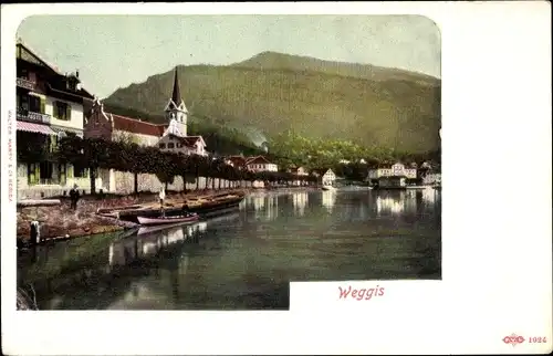 Ak Weggis Kanton Luzern, Blick auf Ort, Kirche, Gebirge