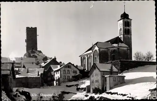 Ak Hospental Kt Uri, Bäckerei-Konditorei, Restaurant, Ortspartie, Kirche, Turm