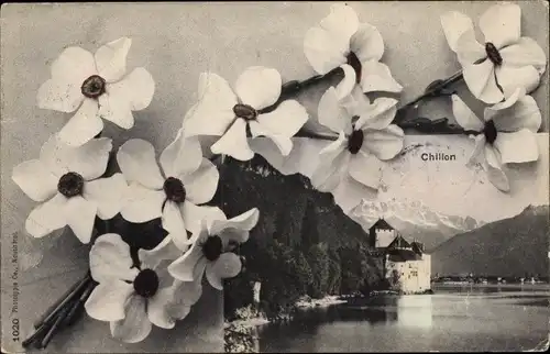 Ak Chillon Lac Léman Kt Waadt Schweiz, Wasserpartie, Blumen