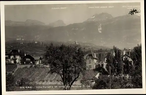 Ak Siders Sierre Kanton Wallis, Villa Paradis, Villa du Peintre Bille, Tubang, Bergmassiv