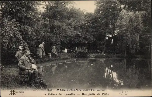 Ak Marcilly en Villette Loiret, Le Chateau des Tourelles, Une partie de Peche