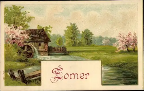 Litho Allegorie Sommer, Zomer, Wassermühle, Landschaft