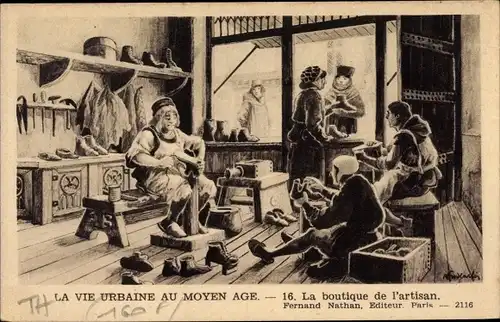 Ak La vie urbaine au Moyen Age, la boutique de l'artisan, Schusterwerkstatt, Schuhmacher