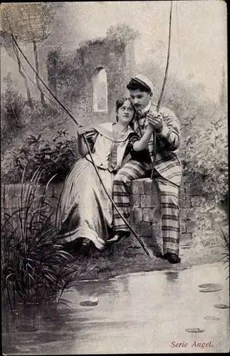 Ak Mann und Frau beim Angeln, Liebespaar